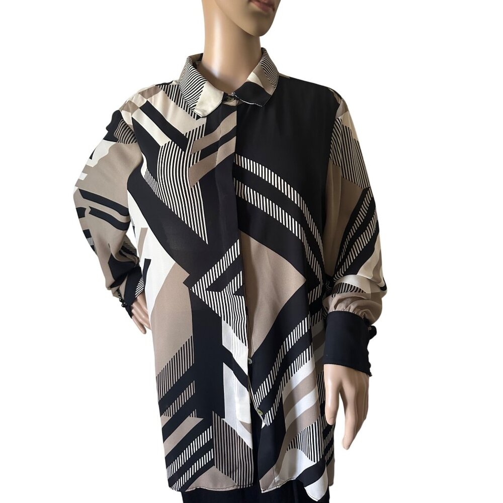 Geometric Print Button-Up Long Sleeve Blouse by Dennis Basso